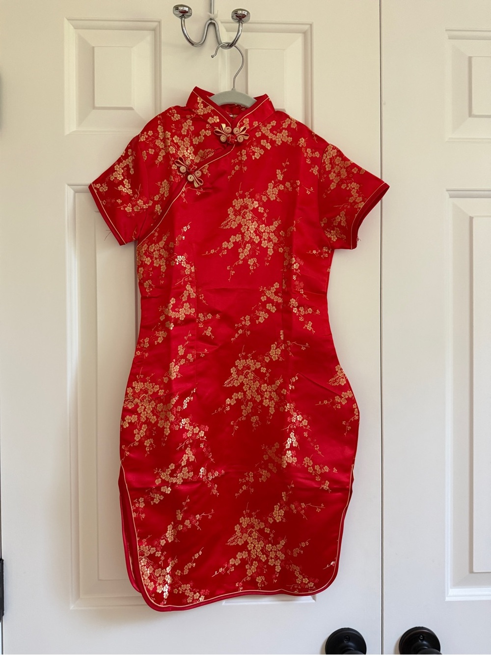 Red Floral Satin Cheongsam Dress with Gold Accents